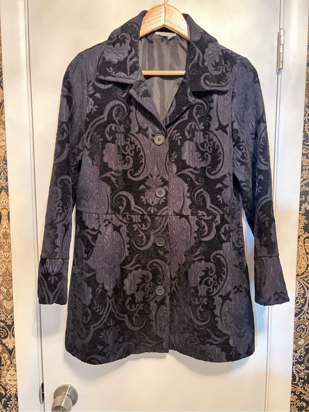 Women’s Inky Blue Damask Longer Coat